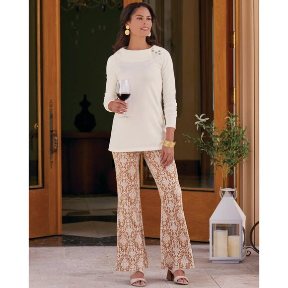 Soft Surroundings | Large Sumptuous Knit Brown White Lace Flare Pull On Pants - Picture 1 of 8